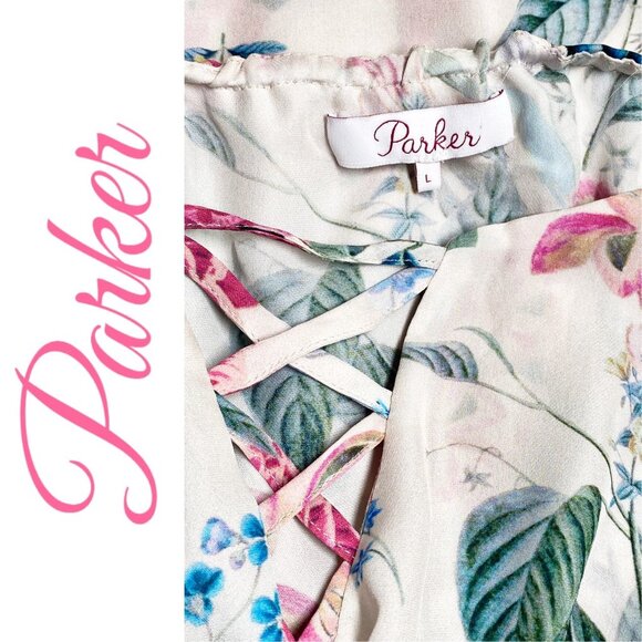 PARKER ERIN BOHEMIAN 100% SILK RUFFLED FLORAL OFF THE SHOULDER BLOUSE, LARGE - Picture 10 of 14